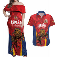 Custom Espana Rugby Spain Couples Matching Off Shoulder Maxi Dress and Hawaiian Shirt Lion Mascot Come on Los Leones Red Style
