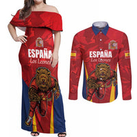 Custom Espana Rugby Spain Couples Matching Off Shoulder Maxi Dress and Long Sleeve Button Shirt Lion Mascot Come on Los Leones Red Style