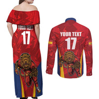 Custom Espana Rugby Spain Couples Matching Off Shoulder Maxi Dress and Long Sleeve Button Shirt Lion Mascot Come on Los Leones Red Style