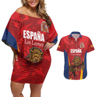 Custom Espana Rugby Spain Couples Matching Off Shoulder Short Dress and Hawaiian Shirt Lion Mascot Come on Los Leones Red Style