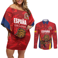 Custom Espana Rugby Spain Couples Matching Off Shoulder Short Dress and Long Sleeve Button Shirt Lion Mascot Come on Los Leones Red Style