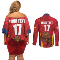 Custom Espana Rugby Spain Couples Matching Off Shoulder Short Dress and Long Sleeve Button Shirt Lion Mascot Come on Los Leones Red Style
