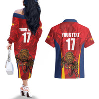Custom Espana Rugby Spain Couples Matching Off The Shoulder Long Sleeve Dress and Hawaiian Shirt Lion Mascot Come on Los Leones Red Style