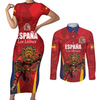 Custom Espana Rugby Spain Couples Matching Short Sleeve Bodycon Dress and Long Sleeve Button Shirt Lion Mascot Come on Los Leones Red Style