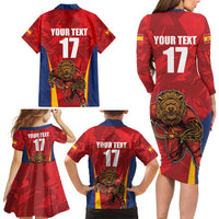 Custom Espana Rugby Spain Family Matching Long Sleeve Bodycon Dress and Hawaiian Shirt Lion Mascot Come on Los Leones Red Style