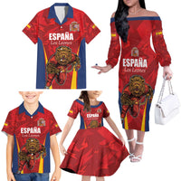 Custom Espana Rugby Spain Family Matching Off The Shoulder Long Sleeve Dress and Hawaiian Shirt Lion Mascot Come on Los Leones Red Style