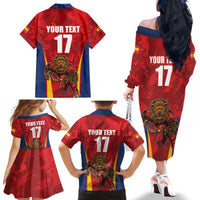 Custom Espana Rugby Spain Family Matching Off The Shoulder Long Sleeve Dress and Hawaiian Shirt Lion Mascot Come on Los Leones Red Style