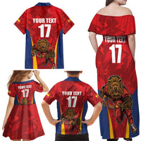 Custom Espana Rugby Spain Family Matching Off Shoulder Maxi Dress and Hawaiian Shirt Lion Mascot Come on Los Leones Red Style
