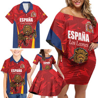 Custom Espana Rugby Spain Family Matching Off Shoulder Short Dress and Hawaiian Shirt Lion Mascot Come on Los Leones Red Style