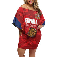 Custom Espana Rugby Spain Family Matching Off Shoulder Short Dress and Hawaiian Shirt Lion Mascot Come on Los Leones Red Style