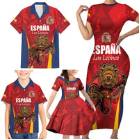 Custom Espana Rugby Spain Family Matching Short Sleeve Bodycon Dress and Hawaiian Shirt Lion Mascot Come on Los Leones Red Style