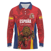 Custom Espana Rugby Spain Long Sleeve Polo Shirt Lion Mascot Come on Los Leones Red Style