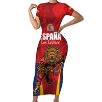 Custom Espana Rugby Spain Short Sleeve Bodycon Dress Lion Mascot Come on Los Leones Red Style