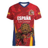 Custom Espana Rugby Spain Women V-Neck T-Shirt Lion Mascot Come on Los Leones Red Style