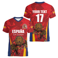 Custom Espana Rugby Spain Women V-Neck T-Shirt Lion Mascot Come on Los Leones Red Style