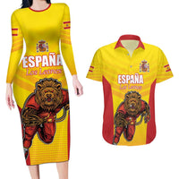 Custom Espana Rugby Spain Couples Matching Long Sleeve Bodycon Dress and Hawaiian Shirt Lion Mascot Come on Los Leones Yellow Style