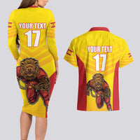 Custom Espana Rugby Spain Couples Matching Long Sleeve Bodycon Dress and Hawaiian Shirt Lion Mascot Come on Los Leones Yellow Style