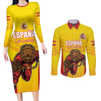 Custom Espana Rugby Spain Couples Matching Long Sleeve Bodycon Dress and Long Sleeve Button Shirt Lion Mascot Come on Los Leones Yellow Style