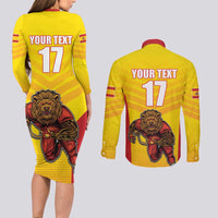 Custom Espana Rugby Spain Couples Matching Long Sleeve Bodycon Dress and Long Sleeve Button Shirt Lion Mascot Come on Los Leones Yellow Style
