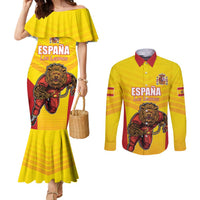 Custom Espana Rugby Spain Couples Matching Mermaid Dress and Long Sleeve Button Shirt Lion Mascot Come on Los Leones Yellow Style