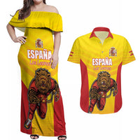 Custom Espana Rugby Spain Couples Matching Off Shoulder Maxi Dress and Hawaiian Shirt Lion Mascot Come on Los Leones Yellow Style