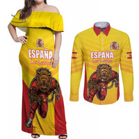 Custom Espana Rugby Spain Couples Matching Off Shoulder Maxi Dress and Long Sleeve Button Shirt Lion Mascot Come on Los Leones Yellow Style