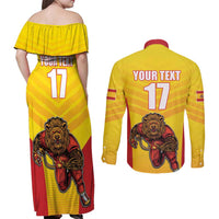 Custom Espana Rugby Spain Couples Matching Off Shoulder Maxi Dress and Long Sleeve Button Shirt Lion Mascot Come on Los Leones Yellow Style