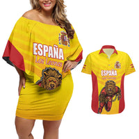 Custom Espana Rugby Spain Couples Matching Off Shoulder Short Dress and Hawaiian Shirt Lion Mascot Come on Los Leones Yellow Style