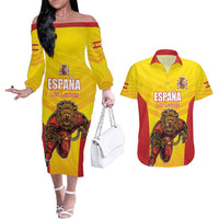 Custom Espana Rugby Spain Couples Matching Off The Shoulder Long Sleeve Dress and Hawaiian Shirt Lion Mascot Come on Los Leones Yellow Style