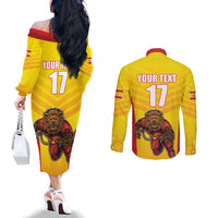 Custom Espana Rugby Spain Couples Matching Off The Shoulder Long Sleeve Dress and Long Sleeve Button Shirt Lion Mascot Come on Los Leones Yellow Style