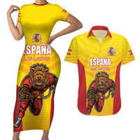 Custom Espana Rugby Spain Couples Matching Short Sleeve Bodycon Dress and Hawaiian Shirt Lion Mascot Come on Los Leones Yellow Style