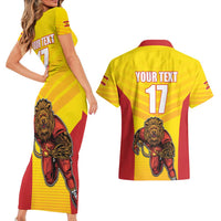 Custom Espana Rugby Spain Couples Matching Short Sleeve Bodycon Dress and Hawaiian Shirt Lion Mascot Come on Los Leones Yellow Style