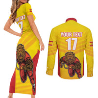 Custom Espana Rugby Spain Couples Matching Short Sleeve Bodycon Dress and Long Sleeve Button Shirt Lion Mascot Come on Los Leones Yellow Style
