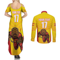 Custom Espana Rugby Spain Couples Matching Summer Maxi Dress and Long Sleeve Button Shirt Lion Mascot Come on Los Leones Yellow Style