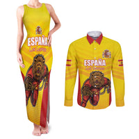 Custom Espana Rugby Spain Couples Matching Tank Maxi Dress and Long Sleeve Button Shirt Lion Mascot Come on Los Leones Yellow Style