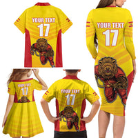 Custom Espana Rugby Spain Family Matching Long Sleeve Bodycon Dress and Hawaiian Shirt Lion Mascot Come on Los Leones Yellow Style