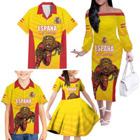 Custom Espana Rugby Spain Family Matching Off The Shoulder Long Sleeve Dress and Hawaiian Shirt Lion Mascot Come on Los Leones Yellow Style