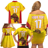 Custom Espana Rugby Spain Family Matching Off Shoulder Short Dress and Hawaiian Shirt Lion Mascot Come on Los Leones Yellow Style