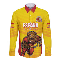 Custom Espana Rugby Spain Long Sleeve Button Shirt Lion Mascot Come on Los Leones Yellow Style