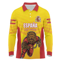 Custom Espana Rugby Spain Long Sleeve Polo Shirt Lion Mascot Come on Los Leones Yellow Style