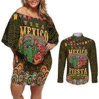 Personalized Mexico Cinco De Mayo Couples Matching Off Shoulder Short Dress and Long Sleeve Button Shirt Chilli Pepper and Cactus