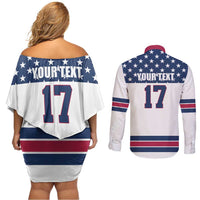 Custom USA Ice Hockey Couples Matching Off Shoulder Short Dress and Long Sleeve Button Shirt Sporty Style Go Champions