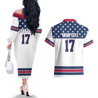 Custom USA Ice Hockey Couples Matching Off The Shoulder Long Sleeve Dress and Hawaiian Shirt Sporty Style Go Champions