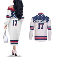 Custom USA Ice Hockey Couples Matching Off The Shoulder Long Sleeve Dress and Long Sleeve Button Shirt Sporty Style Go Champions