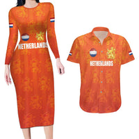 Custom Netherlands Football Couples Matching Long Sleeve Bodycon Dress and Hawaiian Shirt Oranje Go Champions