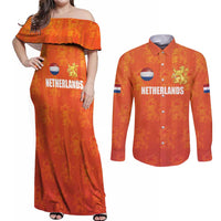 Custom Netherlands Football Couples Matching Off Shoulder Maxi Dress and Long Sleeve Button Shirt Oranje Go Champions