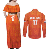 Custom Netherlands Football Couples Matching Off Shoulder Maxi Dress and Long Sleeve Button Shirt Oranje Go Champions