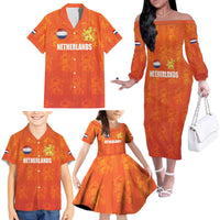 Custom Netherlands Football Family Matching Off The Shoulder Long Sleeve Dress and Hawaiian Shirt Oranje Go Champions