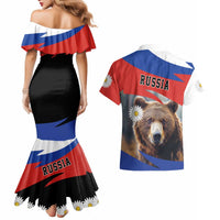 Russia Brown Bear and Chamomile Flower Couples Matching Mermaid Dress and Hawaiian Shirt