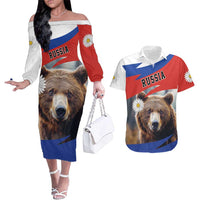 Russia Brown Bear and Chamomile Flower Couples Matching Off The Shoulder Long Sleeve Dress and Hawaiian Shirt